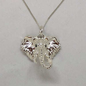 Silver Twisted Trunk Elephant Head Pendant with 2 Black Diamond Eyes and  Chain